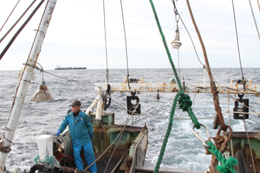 メヒカリ漁 船尾から大きな底曳き網が海に下ろされました
